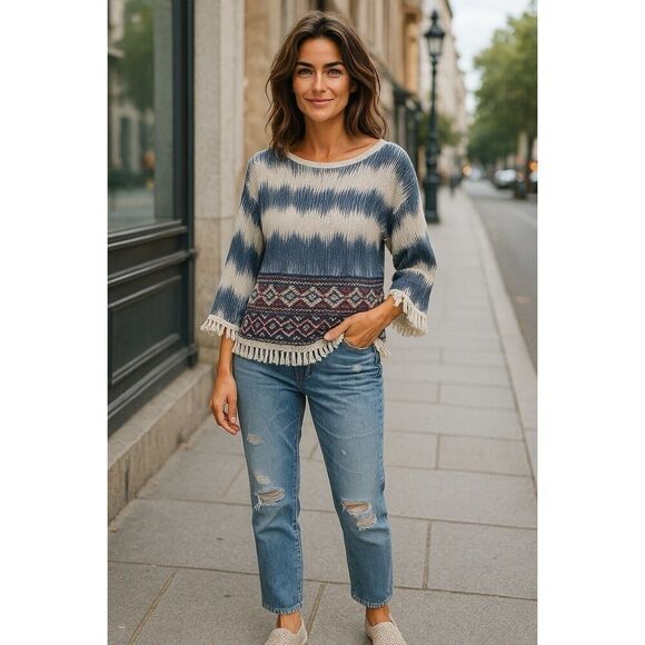 JODIFL Women’ Medium Blouse Boho Tassels Blue/ White Hippy Loose Fringe Bohemian - Picture 1 of 11